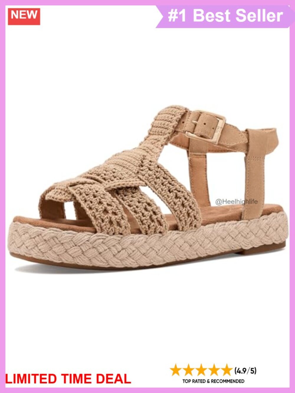 TOMS Jac Fisherman Sandal Crochet Upper Buckle Jute Wrap Casual